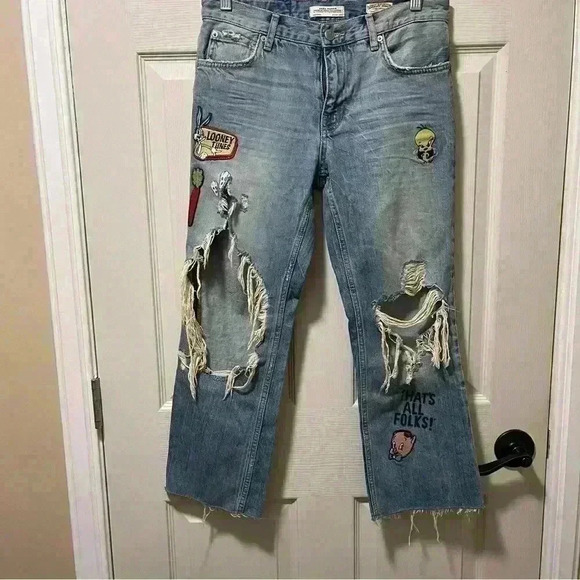 Zara Looney Tunes Distressed Ankle Jeans Sz 2 - Picture 1 of 15